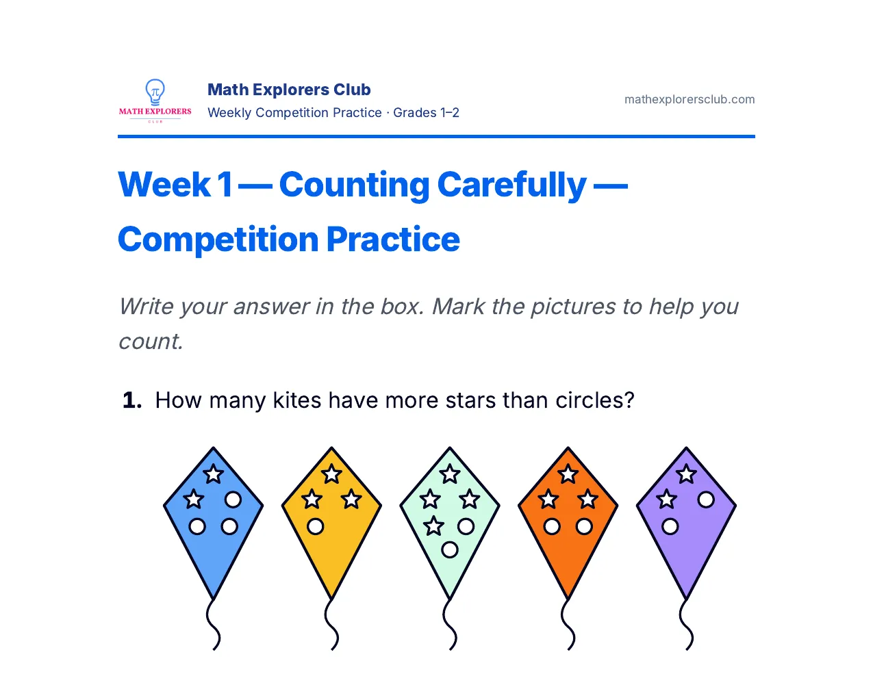 A Week 1 worksheet page: count the kites with more stars than circles, with an answer box